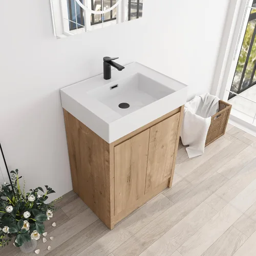 Vista 18 de Tocador de baño pequeño de 16 pulgadas con lavabo, tocador de baño independiente de 16" para espacios pequeños, gabinete de madera contrachapada