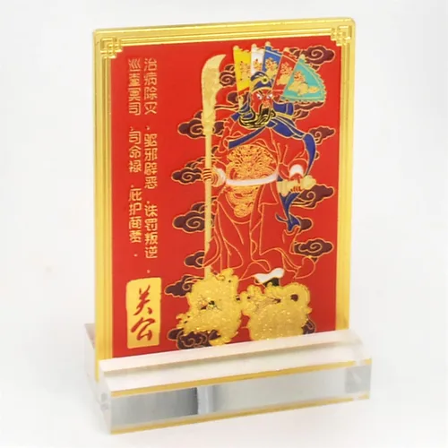 Vista 4 de Feng Shui Magnífico Kwan Kung con 5 banderas placa amuleto estatua