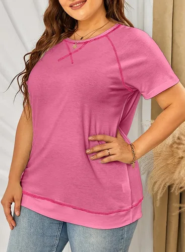 Vista 37 de Eytino Blusas de talla grande para mujer, cuello en V, manga corta, a rayas, casual, holgada, con bolsillo (1X-5X)