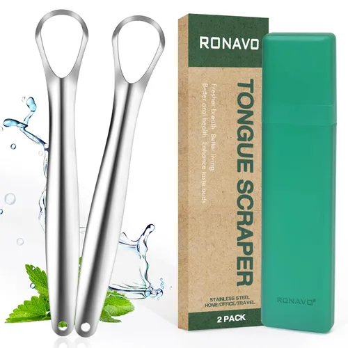 Vista 9 de RONAVO Raspador de lengua para adultos (4 unidades), raspador de lengua de metal resistente al óxido (fundas de viaje incluidas) reduce el mal
