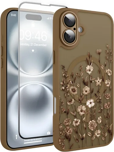 Vista 81 de Magnético para iPhone 13 con protector de pantalla [Compatible con MagSafe] Diseño de patrón floral de flores bonitas, funda delgada a prueba