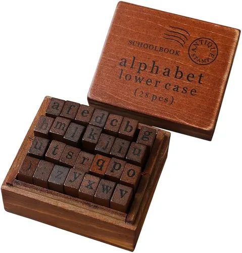 Vista 10 de DIYOMR Sellos de letras vintage, sellos de goma de madera, juego de 26 sellos del alfabeto con caja de madera roja antigua vintage para hacer