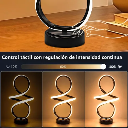 Vista 2 de Lámpara de mesa pequeña moderna con diseño espiral LED, lámpara de mesita NEGRO MATE