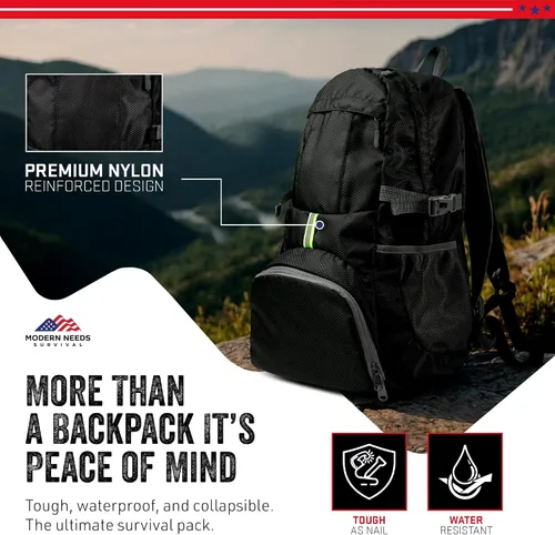 Vista 5 de MODERN NEEDS Ready Pack 35L — Mochila plegable para viajes Mochila de senderismo ligera y resistente al agua Mochila compacta y empacable