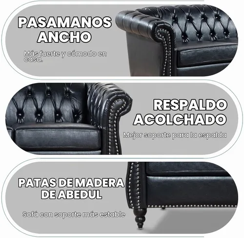 Vista 5 de Chesterfield Sofás para sala de estar, brazo enrollado negro de 3 plazas, cuero sintético de 84 pulgadas, sofá grande con botón profundo con cabeza