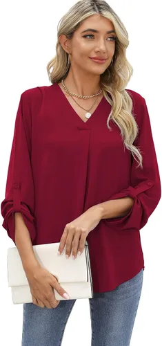 Vista 4 de QUEZHU Blusas de manga 34 para mujer, estilo casual, elegante, de gasa, cuello en V, blusas