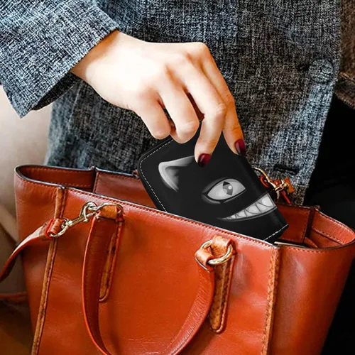 Vista 6 de Cartera de monedero de piel para mujer, diseño de gato negro con cara de gato, color gris, con bloqueo RFID