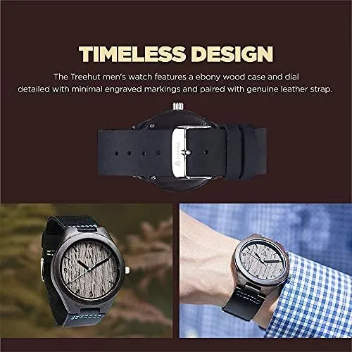 Vista 2 de Treehut - Reloj de pulsera analógico para hombres, de madera con correa de piel auténtica, estilo elegante.