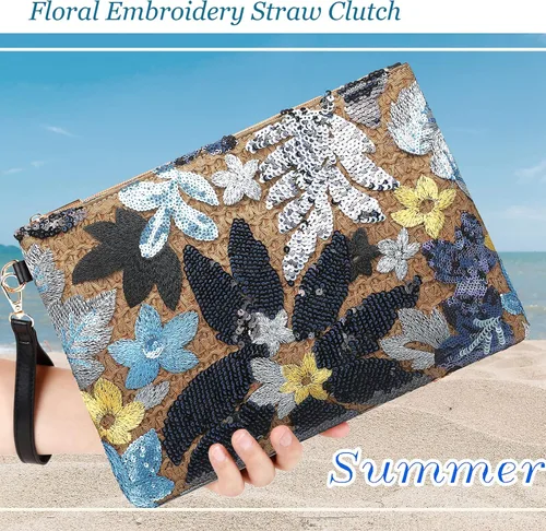 Vista 4 de ER.Roulour Bolso de paja de verano para mujer, bordado floral, bolso de mano de paja tejido para playa, fiesta, boda