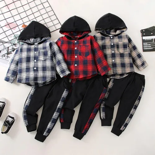 Vista 7 de Ropa para bebés y niños pequeños, conjuntos de otoño e invierno, con botones, camisa a cuadros con capucha y pantalones