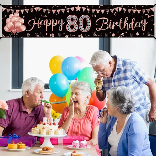 Vista 5 de Cartel de feliz cumpleaños número 80 para mujer, suministros de fiesta de cumpleaños de 80 años de color oro rosa, póster fotográfico