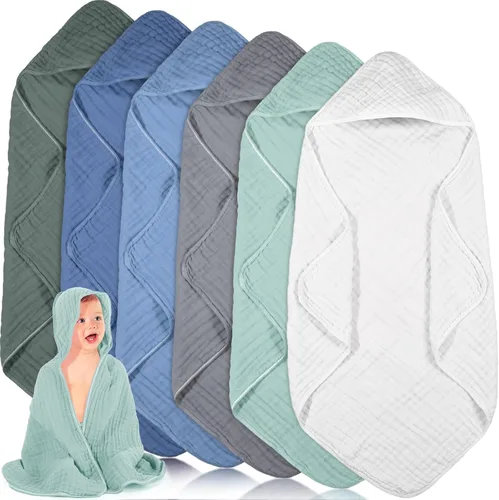 Vista 10 de Peryiter 6 piezas de toallas de muselina con capucha para bebé, toalla de baño de 81x81 cm de algodón para recién nacidos, mantas de bebé