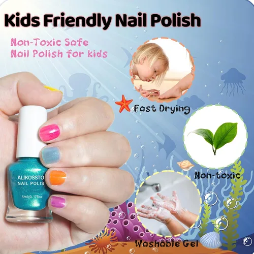 Vista 4 de Juego de esmaltes de uñas con purpurina para niños, 10 colores brillantes, no tóxicos, a base de agua, de secado rápido, para fiestas de niños