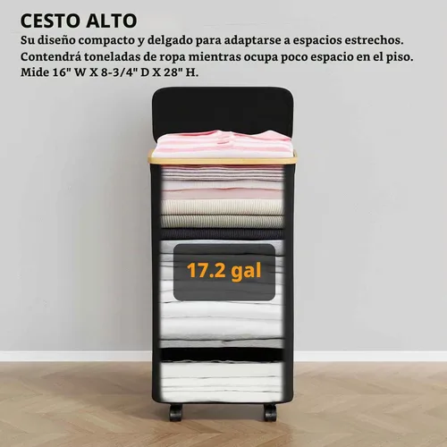 Vista 2 de SpaceAid Cesta de lavandería delgada con ruedas y tapa, cesta de ropa estrecha rodante de 62 litros con mango de bambú, canasta grande para ropa