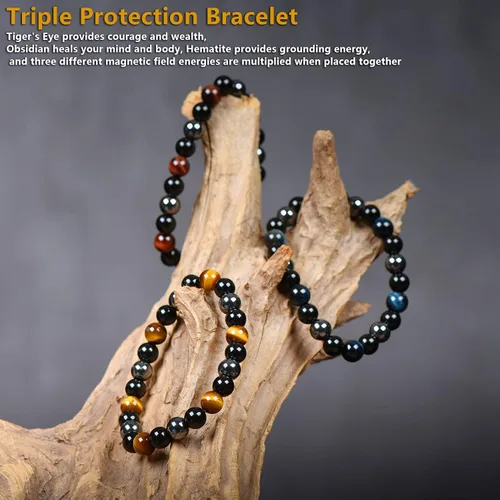 Vista 12 de SAMXY Triple Protection Bracelet, 8mm Healing Crystal Bead Bracelet, 3pcs Blue Red Tiger's Eye Obsidian Hematite Bracelet Women Men