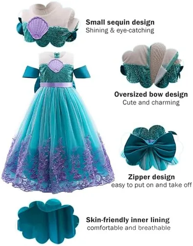 Vista 5 de keaiyouhuo Vestido de princesa sirena 3-13T para niñas, disfraz de cosplay, vestido de fiesta de cumpleaños + peluca roja
