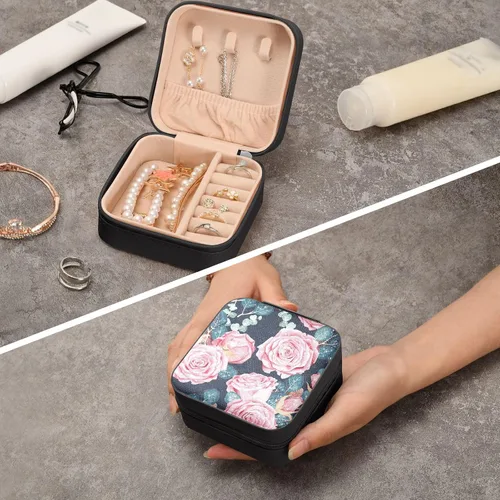 Vista 8 de GUIJI Pink Roses PU Leather Jewelry Organizer, Portable Small Jewelry Box Travel Jewelry Case Earrings Necklace Bracelet Rings for Women Girls