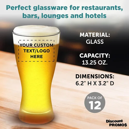 Vista 4 de Vasos Pilsner personalizados de 13.25 onzas, juego de 12, paquete personalizado a granel, fabricado en los Estados Unidos, perfecto para hoteles