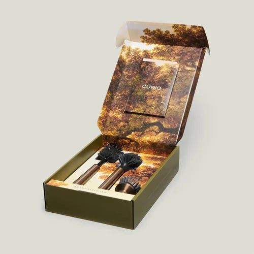 Vista 6 de Juego de cepillos iónicos Curio Home Goods, magnetizado para estar de pie, acero inoxidable con cabezales reemplazables, plateado