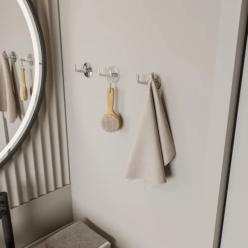 Vista 2 de Ruacq Gancho doble adhesivo para toallas, base redonda cromada, bata de baño, soporte para toallas de mano, acero inoxidable y aleación de zinc