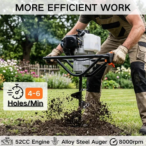 Vista 2 de DC HOUSE 52cc 1800W Gas Powered Earth Auger EPA Certified Post Hole Digger, with 2 Drill Bits 6" 10", Mixing Ratio 30:1, for Fence, Farmland and