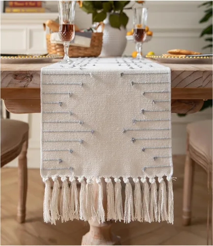 Vista 11 de Camino de mesa bohemio de 13 x 48 pulgadas de largo, tejido de algodón natural con borlas para decoración de mesa de comedor del hogar