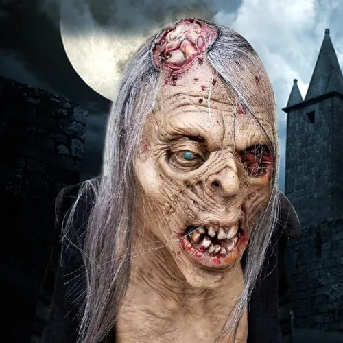 Vista 3 de Pigmiss Máscara de zombi aterrador de Halloween, espeluznante y realista, máscara facial de anciano con peluca larga, de terror, cabeza completa