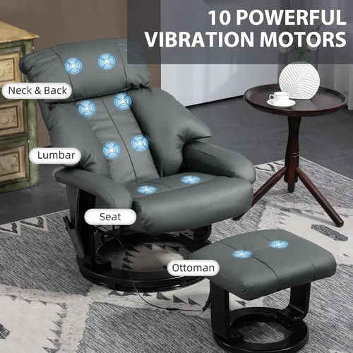 Vista 4 de HOMCOM Silla reclinable de masaje con otomana, reclinable giratorio de 360° y reposapiés, vibración de 10 puntos, silla reclinable de piel sintética