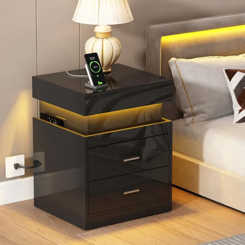 Vista 7 de ChooChoo Mesita de noche LED con estación de carga, mesita de noche inteligente con almacenamiento superior deslizante, mesa de noche de alto brillo