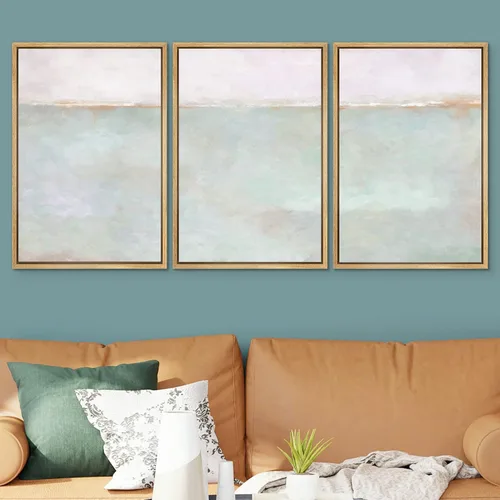 Vista 385 de SIGNWIN Lienzo enmarcado para pared, juego de arte pastel con cadena montañosa, bosque, niebla, naturaleza silvestre, ilustraciones modernas, arte