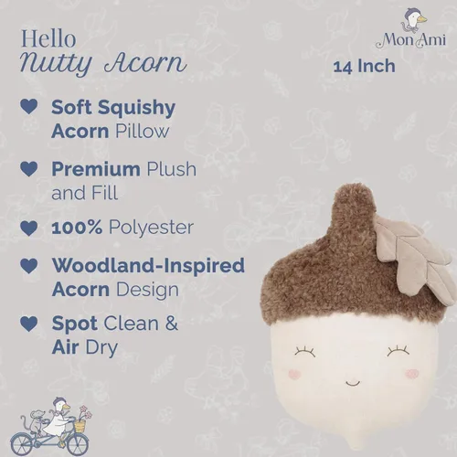 Vista 2 de MON AMI Nutty Acorn - Almohada de felpa de 14 pulgadas para niños y niñas, felpa suave de bellota de bosque, acento decorativo acogedor, regalo