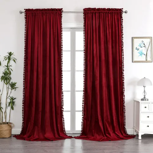 Vista 5 de Benedeco - Cortinas de terciopelo burdeos para ventana de dormitorio con pompón, cortinas de lujo súper suaves, oscurecimiento y aislamiento térmico