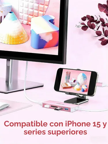 Vista 2 de LENTION Concentrador USB C 6 en 1, 3 USB3.0, 4K@30Hz, lector de tarjetas Rosa