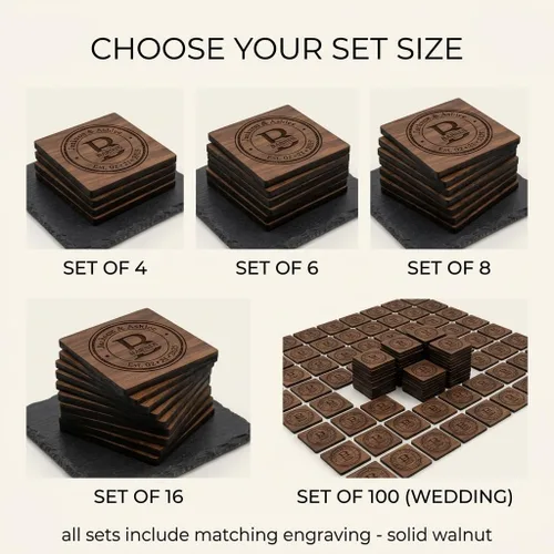 Vista 6 de Posavasos personalizados para regalos de boda, o juegos de posavasos de madera personalizados Opciones de juego de posavasos personalizados
