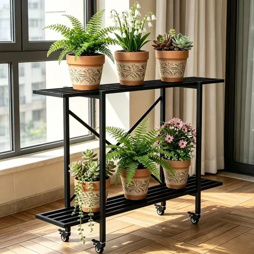 Vista 11 de Zhongma Soporte de metal para plantas de un nivel con ruedas, (35.43 pulgadas de largo x 8.66 pulgadas de ancho x 10.3 pulgadas de alto) soporte