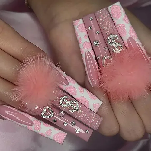 Vista 13 de Uñas postizas a presión de longitud cuadrada larga, cobertura completa, reutilizables, uñas postizas de bailarina, uñas adhesivas con diseños