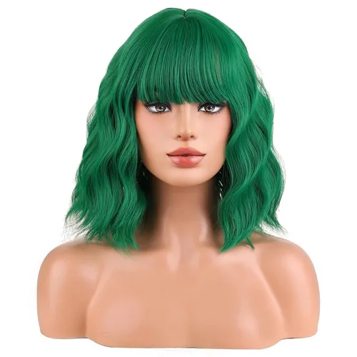 Vista 21 de BERON Pelucas cortas verdes para mujer, peluca rizada ondulada con flequillo para niñas, pelucas de cabello de color verde aguacate, peluca