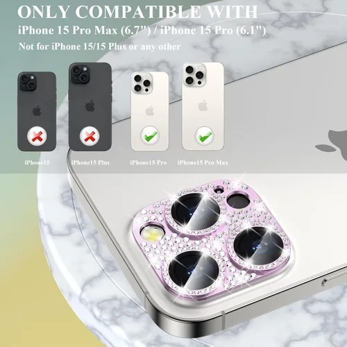 Vista 3 de Paquete de 2 fundas protectoras de lente de cámara con diamantes brillantes compatibles con 15 Pro/15 Pro Max, cobertura completa, protector