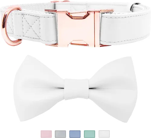 Vista 12 de Collar de cuero suave para perro, ajustable, lindo collar de pajarita [fácil de limpiar] con elegante hebilla de metal resistente de oro rosa