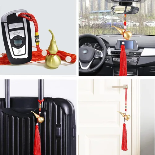 Vista 7 de Adornos colgantes de Feng Shui, calabaza dorada de Wu Lou, con tira de la suerte roja, tesoro ideal para colgante de automóvil, dormitorio, puerta