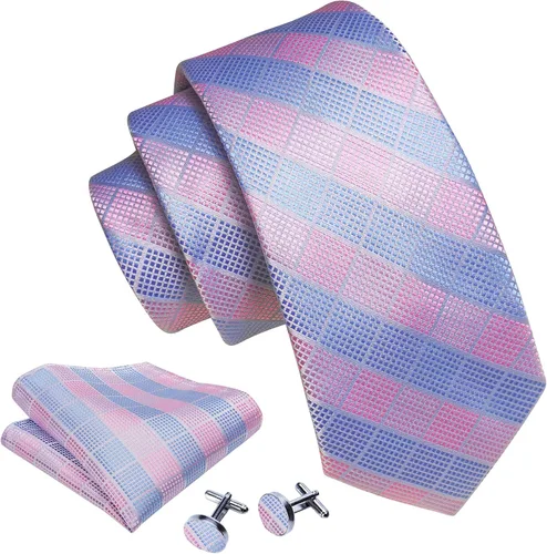 Vista 126 de Barry.Wang Juego de corbatas a cuadros para hombre con pañuelo gemelos de rayas clásicas
