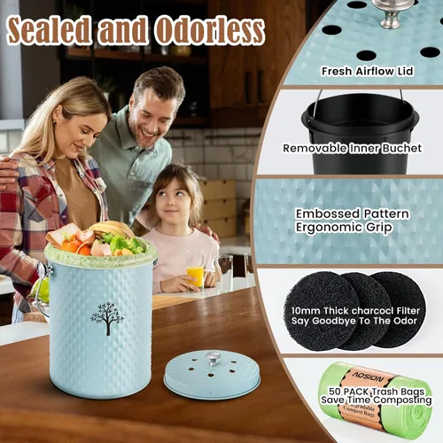 Vista 3 de AOSION Contenedor de compostaje para encimera de cocina, contenedor de compostaje interior resistente al olor con tapa y 50 bolsas de compost, Azul