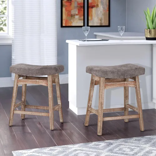 Vista 18 de Taburete de bar gris de madera maciza para encimera de cocina, taburete de bar con asiento de cuero sintético, taburete tapizado para isla de 34 a