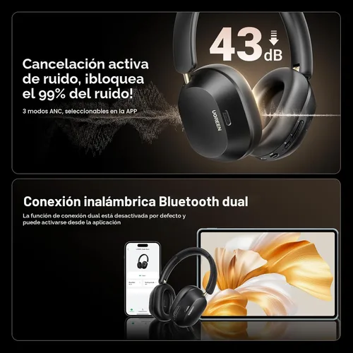 Vista 7 de UGREEN HiTune Max5c Auriculares inalámbricos sobre la oreja, ANC híbrido, tiempos de reproducción 75H Hi-Res LDAC, Spatial Audio, Bluetooth 5.4