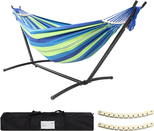 Vista 11 de SZHLUX Hamaca doble con soporte incluido, capacidad de 450 lb, soporte de acero, bolsa de transporte premium incluida. Cama de algodón
