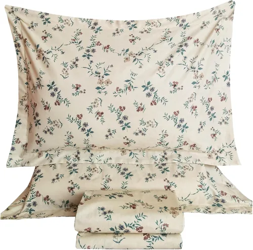 Vista 20 de QSH 100% Sábanas de algodón para cama tamaño Queen - Estampado floral azul de plantas patrón botánico lujoso de algodón estampado floral ropa