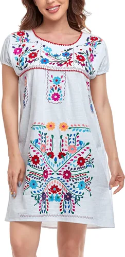 Vista 5 de YZXDORWJ Vestido bordado mexicano de manga corta para mujer