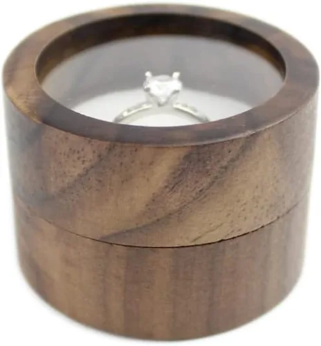 Vista 5 de Caja redonda de madera para propuesta de compromiso caja de anillos de tapa transparente para propuestas caja de compromiso de boda terciopelo blanco