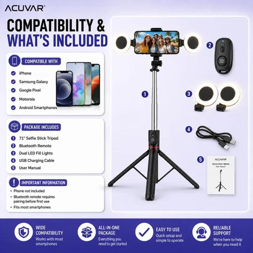 Vista 8 de Acuvar Trípode selfie stick de 71 pulgadas con luces de relleno LED dobles y control remoto Bluetooth para iPhone y Android, soporte de trípode