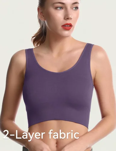 Vista 2 de SPRIMEMONG - Brasier deportivo de soporte ligero para mujer, sin costuras, línea larga, cómodo, bralette deportivo de yoga, tops de corte corto